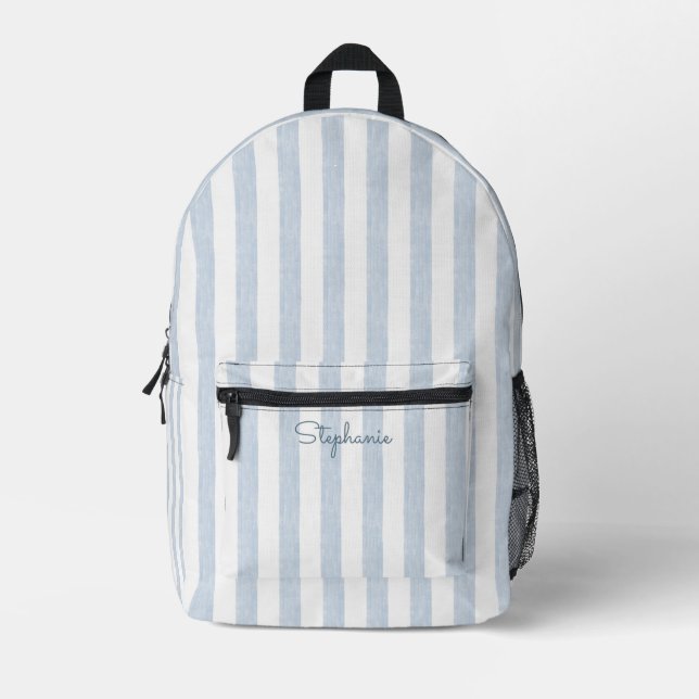 Light Blue White Cabana Stripe Modern Coastal Name Printed Backpack (Front)