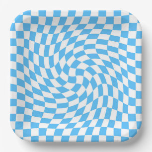 Light Blue & White Checkered Checkerboard Pattern  Paper Plate