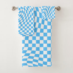 Light Blue & White Chequered Chequerboard Pattern  Bath Towel Set