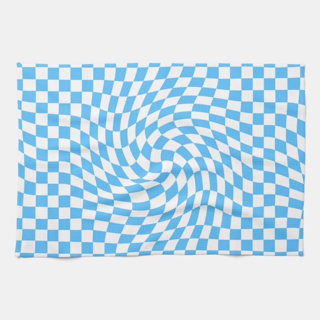 Light Blue & White Chequered Chequerboard Pattern  Tea Towel (Horizontal)