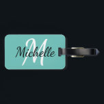 Light Blue & White Custom Monogram Luggage Tag<br><div class="desc">Bag tag with a light teal blue background and white custom monogram first initial and first name</div>