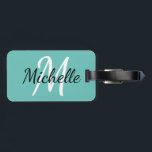 Light Blue & White Custom Monogram Luggage Tag<br><div class="desc">Bag tag with a light teal blue background and white custom monogram first initial and first name</div>
