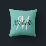 Light Blue & White Custom Monogram Pillow<br><div class="desc">Throw pillow with a light teal blue background and white custom monogram first initial and first name.</div>