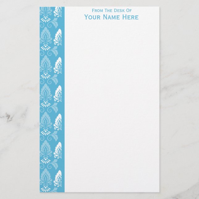 Light Blue White Damask Border Stationery (Front)