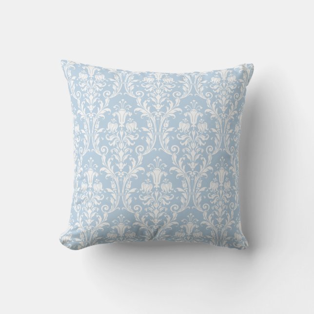 Light Blue & White Damask Floral Swirls 4 Cushion (Front)