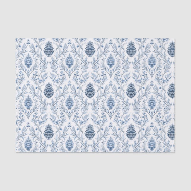 Light Blue & White Damask with Pine Cones Tissue Paper (Front)