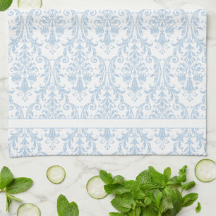 Light Blue White Floral Swirls Damask 2 Monogram Tea Towel