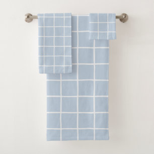 Light Blue White Grid Chequered Scandi Minimalist Bath Towel Set