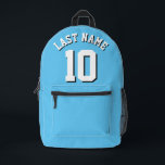 Light Blue White Last Name Sports Jersey Number Printed Backpack<br><div class="desc">Custom-designed sports jersey backpack in light blue with striking white lettering and bold black shadow detailing for your last name and chosen number. This personalised backpack is a must-have for sports enthusiasts, adding a touch of individuality to your gear collection. Crafted with durability in mind, it ensures long-lasting performance while...</div>