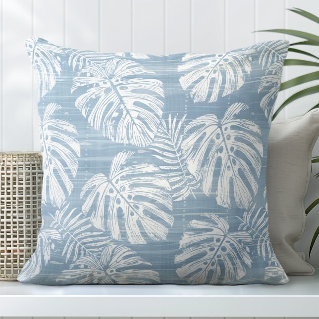 Light Blue & White Monstera Palm Leaves Cushion (Creator Uploaded)