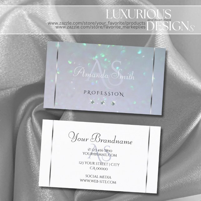 Light Blue White Pearl Glitter Diamonds Monogram Business Card (Creator Uploaded)