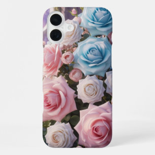 Light Blue, White & Pink Roses iPhone 16 Plus Case
