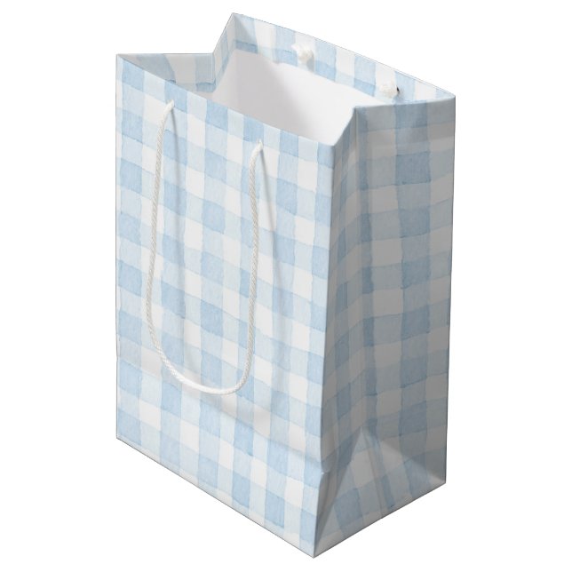 Light Blue White Plaid Stripes Bridal Shower Medium Gift Bag (Front Angled)