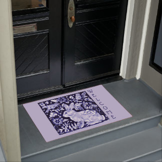 Light Blue & White Rabbit Bird Welcome Dedham Doormat