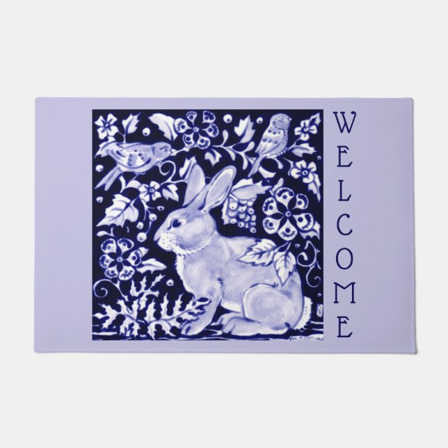 Light Blue & White Rabbit Bird Welcome Dedham Doormat (Front)