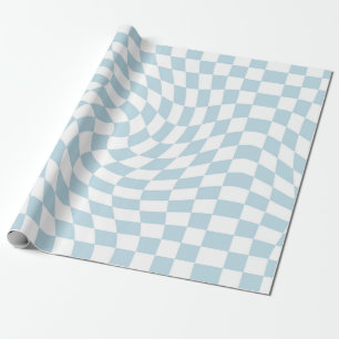 Light Blue White Retro Warped Checks Chequered  Wrapping Paper