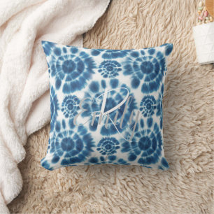 Light Blue & White Shibori Tie Dye Monogram Name Cushion