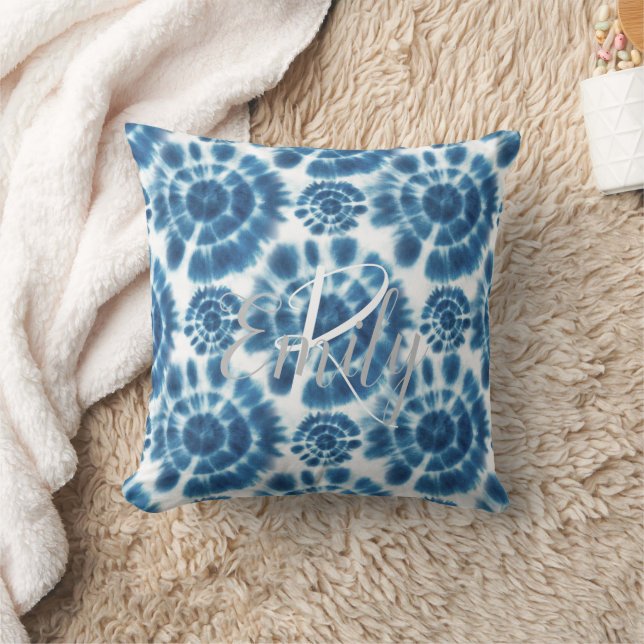 Light Blue & White Shibori Tie Dye Monogram Name Cushion (Blanket)