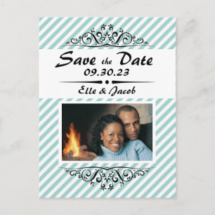 Light Blue White Striped Save the Date Post Card
