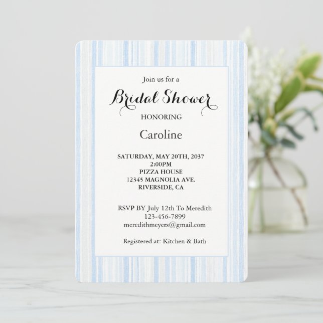 Light Blue White Stripes Bridal Shower Invitation (Standing Front)