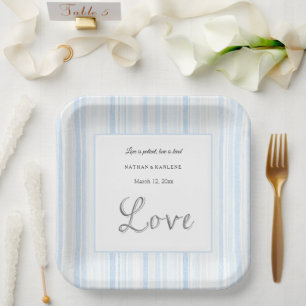 Light Blue White Stripes Love Wedding  Paper Plate