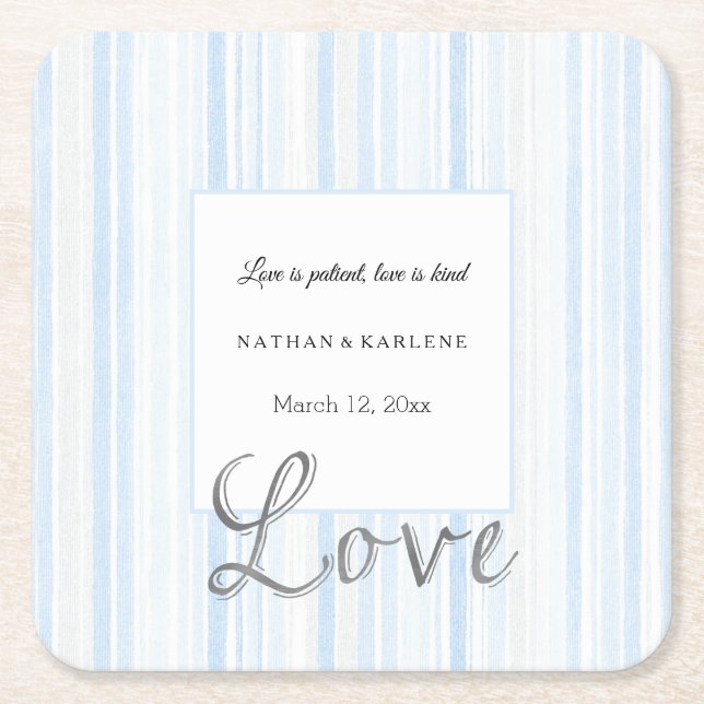 Light Blue White Stripes Love Wedding  Square Paper Coaster (Front)