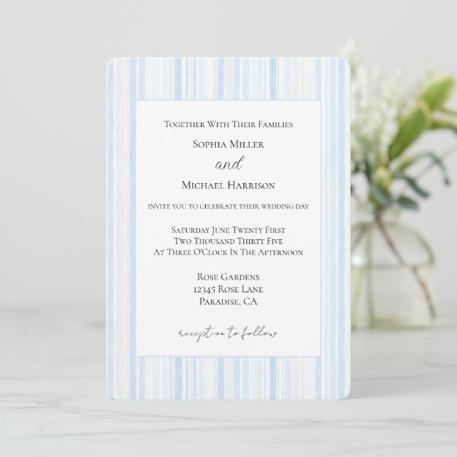Light Blue White Stripes Wedding Invitation (Standing Front)