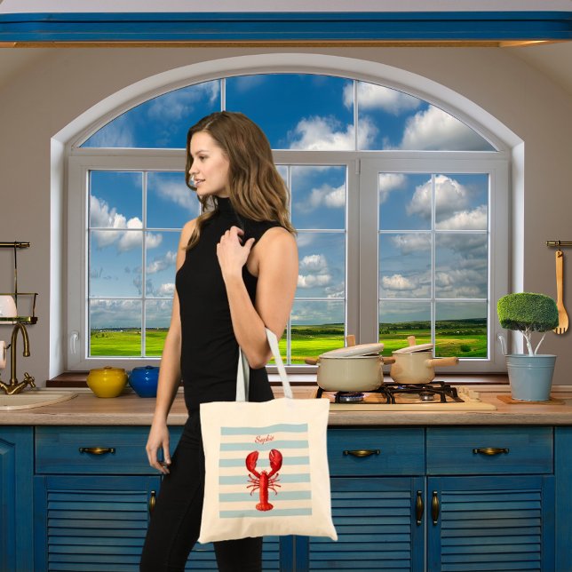 Light blue white stripes with a red lobster name tote bag (Creator Uploaded)