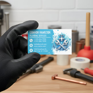 Light Blue White Watercolor Plumbing Logo Business Card