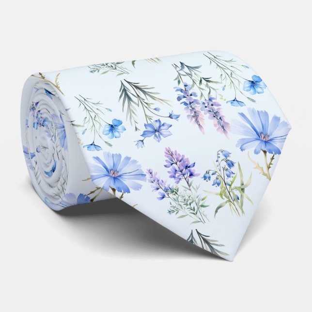 Light Blue Wildflowers Neck Tie (Rolled)