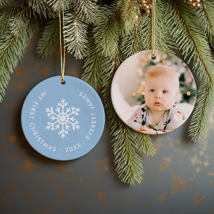 Light Blue Winter Snowflake First Christmas Photo Ceramic Tree Decoration