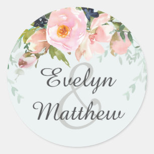 Light Blue with Blush Pink Floral Bouquet Wedding Classic Round Sticker