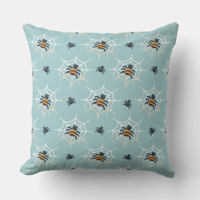 Light Blue with Spiders Halloween Throw Pillow (Front)