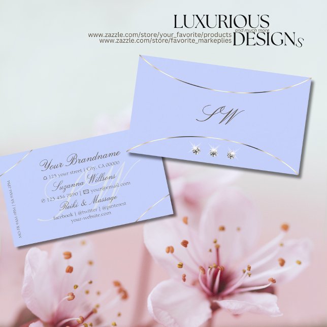 Light Blue with White Gold and Jewels & Monogram Business Card (Creator Uploaded)