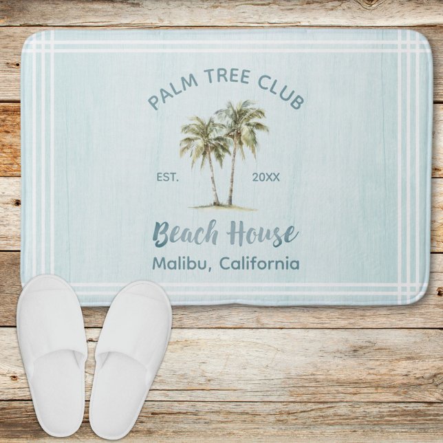 Light Blue Wood Palm Trees Modern Beach House Bath Mat (In situ, beach house)