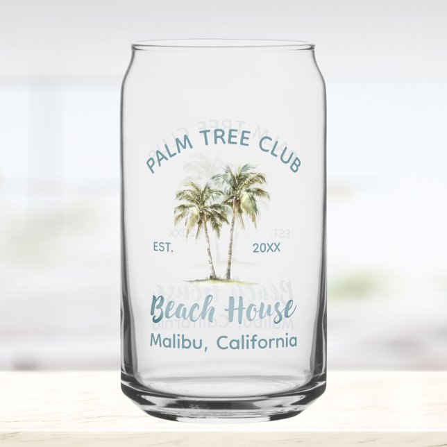 Light Blue Wood Palm Trees Modern Beach House Can Glass (Close up)