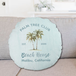 Light Blue Wood Palm Trees Modern Beach House Round Cushion