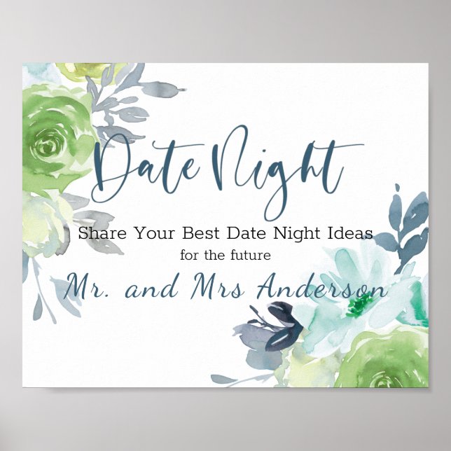 Light Blue Yellow Green Floral Date Night Sign (Front)