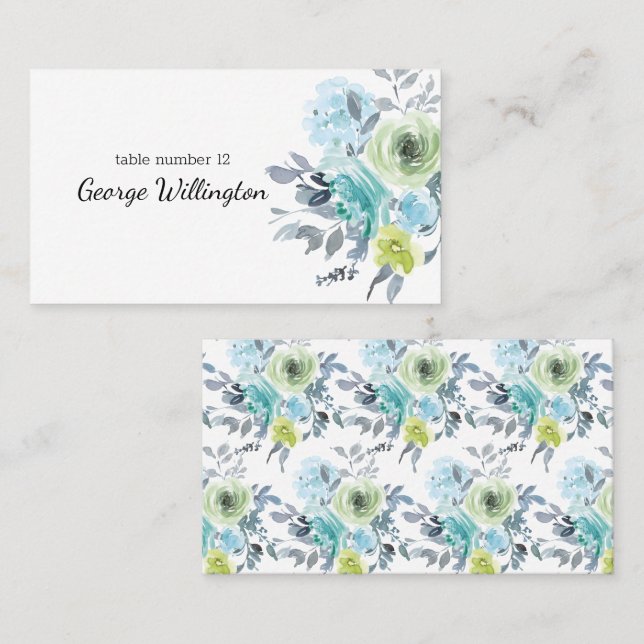 Light Blue Yellow Green Floral Wedding Place Card (Front/Back)