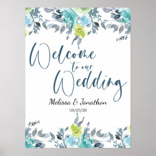 Light Blue Yellow Green Floral Wedding Poster