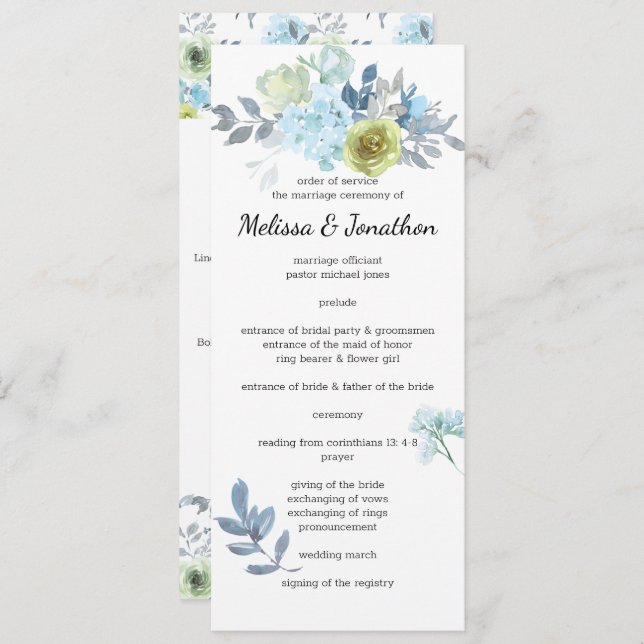 Light Blue Yellow Green Floral Wedding Program Programme (Front/Back)