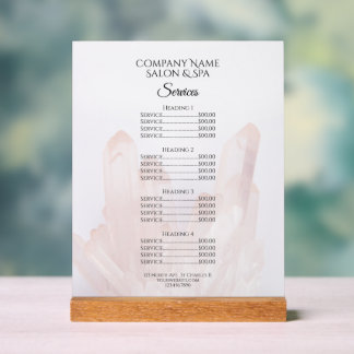 Light Blush Pink Crystals Salon Spa Services Menu Acrylic Sign