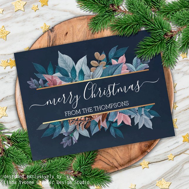 Light Blush Pink Floral Foliage On Dark Blue Postcard (Creator Uploaded)