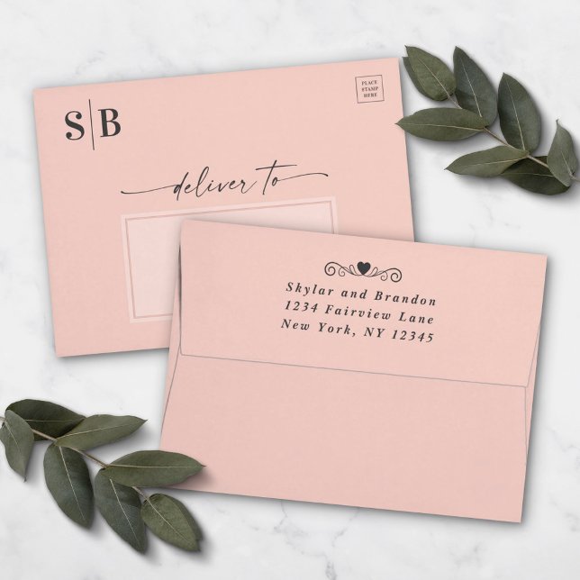 Light Blush Pink Monogram 5x7 Wedding Invitation Envelope (Creator Uploaded)