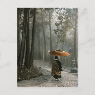 Light Breaks Through as Monk Descends Temple Steps Postcard
