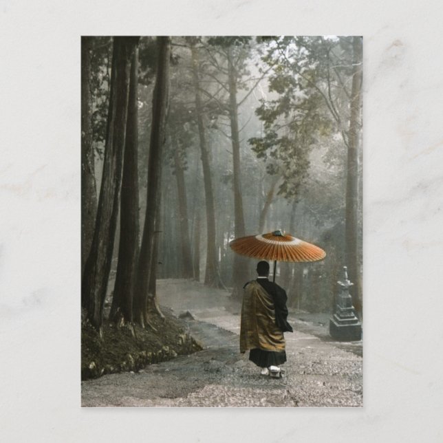 Light Breaks Through as Monk Descends Temple Steps Postcard (Front)