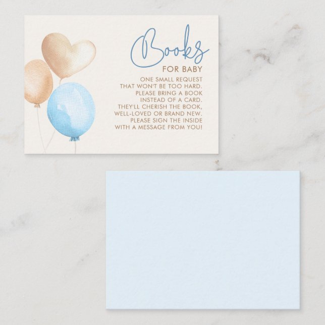 Light Brown and Blue Balloons Baby Shower Books Enclosure Card (Front/Back)
