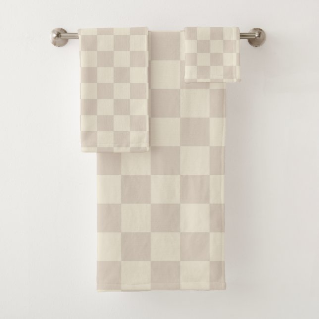 Light Brown and Off White Chequerboard Bath Towel Set (Insitu)