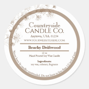 Light Brown and White Pretty Floral Candle Label