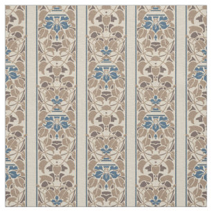 Light brown, cream and blue floral stripes fabric